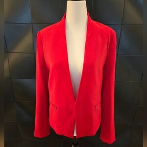 Stunning On-Trend MANGO Open Collarless Blazer Red Zipper Pockets Size S